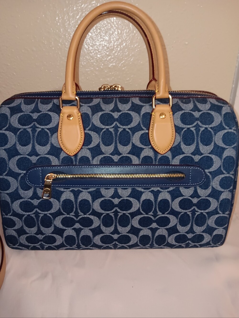 Coach Large Denim Rowan With Coach Poppy Small Wristlet With Gold Leather Trim - Picture 7 of 16